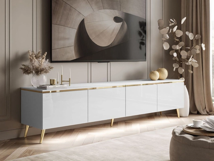 TV-Lowboard viertürig im Glamour-Stil mit LED-Beleuchtung Celle, Weiß Hochglanz