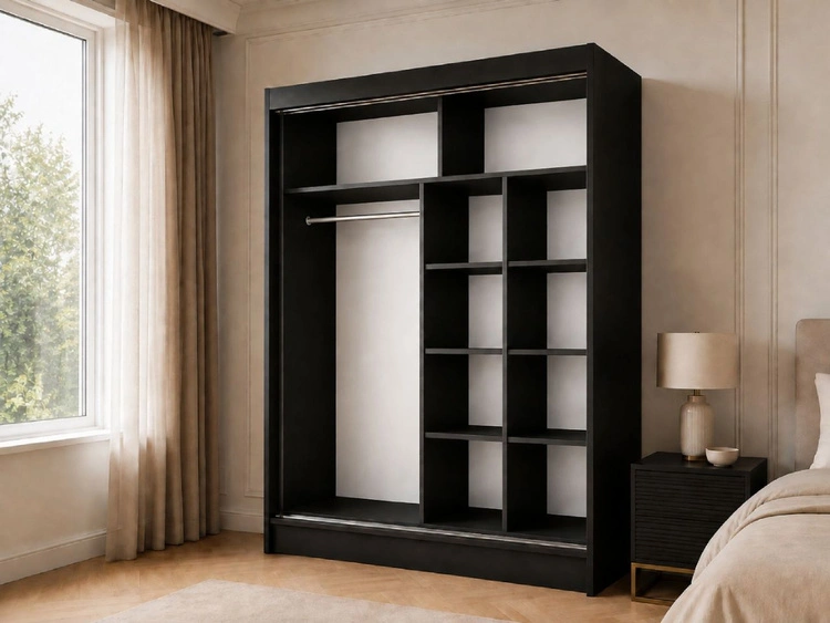 Schiebetürenschrank mit Sprossen 150 cm mit LED-Beleuchtung Ponti Schwarz