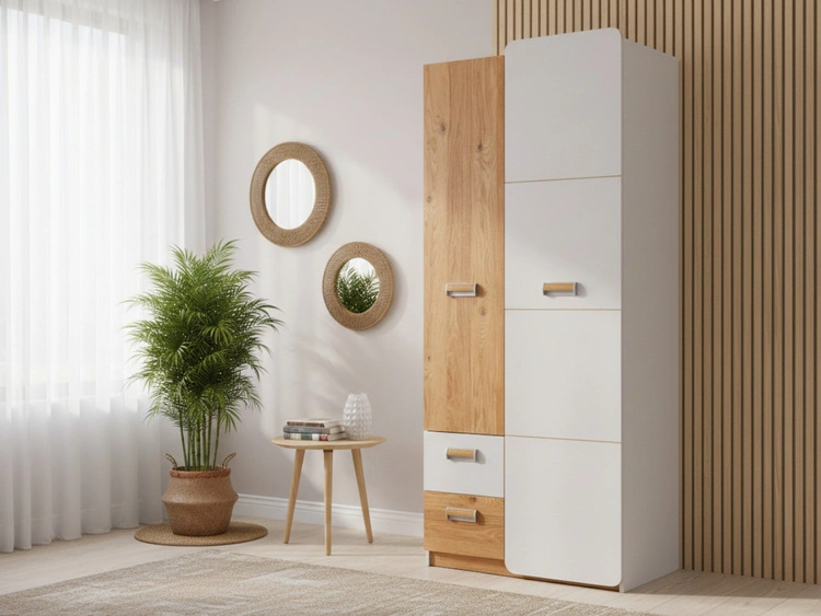 Jugendkleiderschrank mit Schubladen, 80 cm Öffnung Lindo Weiß, Nash Eiche