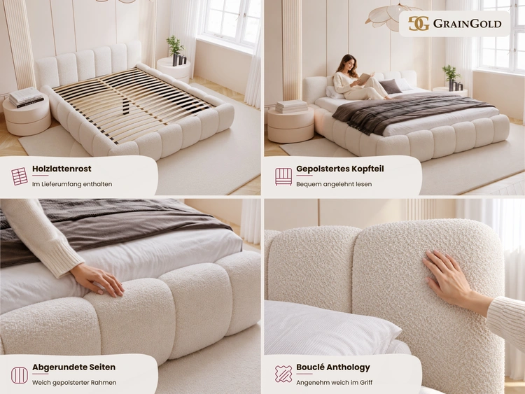 Polsterbett ohne Bettkasten mit Lattenrost 180x200 Cloud Low aus Bouclé-Stoff Dunkelbeige