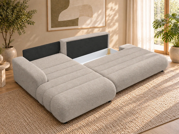 Ecksofa L-Form mit Schlaffunktion und Bettkasten Lisso Links Cremefarben