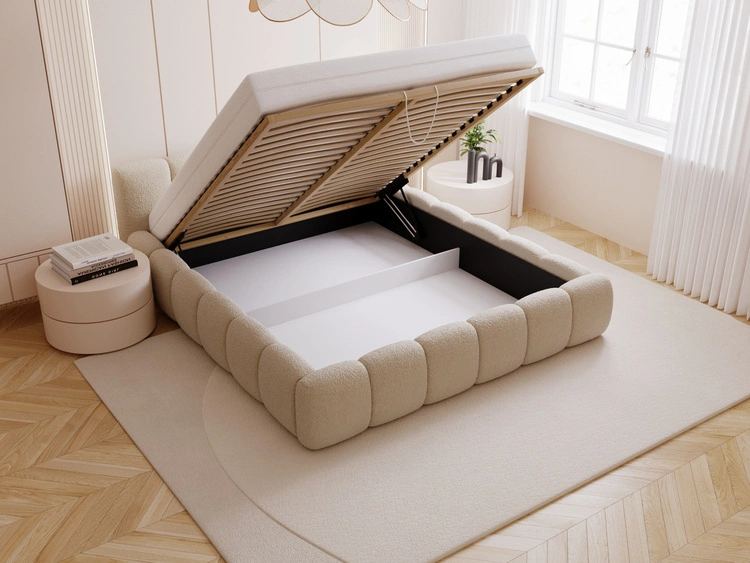 Polsterbett mit Bettkasten und Lattenrost 140x200 Cloud Low Bouclé-Stoff Dunkelbeige