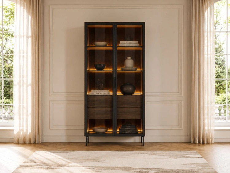 Glasvitrine mit Schubladen und LED-Beleuchtung Lumina Eiche Dunin