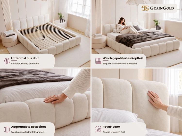 Polsterbett ohne Bettkasten mit Lattenrost 200x200 Cloud Low aus Samtstoff Beige