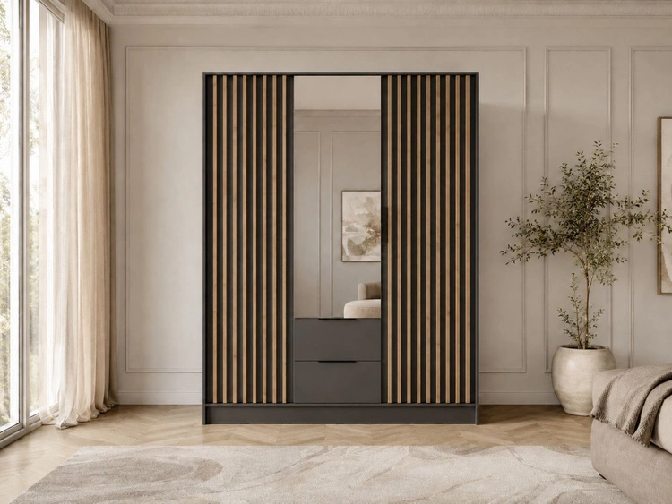 Kleiderschrank mit Spiegel 155 cm Macron Graphit, Artisan Eiche