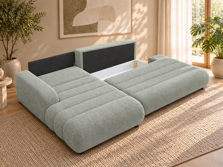 Ecksofa L-Form mit Schlaffunktion und Bettkasten Lisso Links Hellgrün