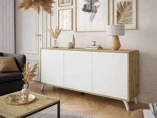 Dreitürige Kommode 154 cm im Loft-Stil mit weißen Beinen – Vivance, Weiß matt & Eiche Artisan