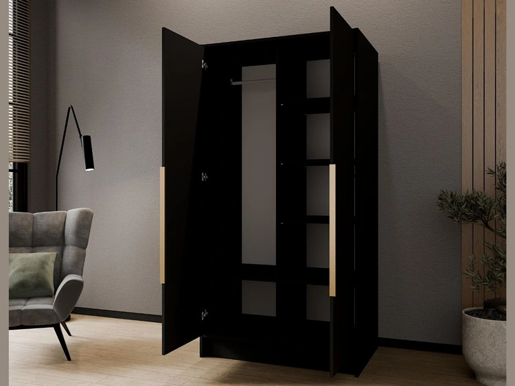 Kleiderschrank mit Spiegel 100 cm Lucca Schwarz mit goldenen Griffen