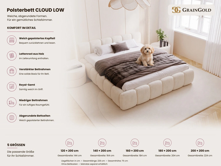 Polsterbett ohne Bettkasten mit Lattenrost 180x200 Cloud Low aus Samtstoff Beige