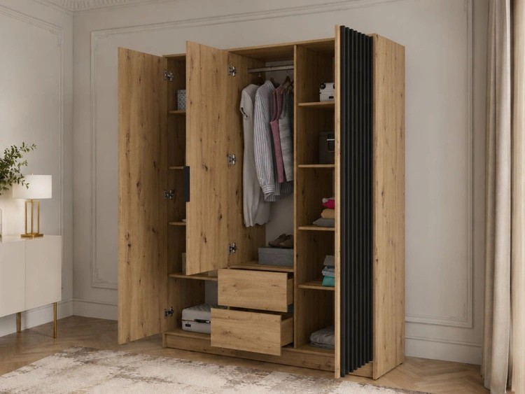 Kleiderschrank mit Spiegel 155 cm Macron Artisan Eiche, Schwarz