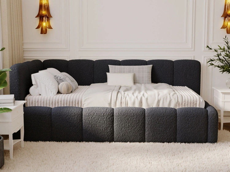 Jugendbett Einzelbett mit Bettkasten und Lattenrost 90x200 Cloud One Schwarz Bouclé-Stoff