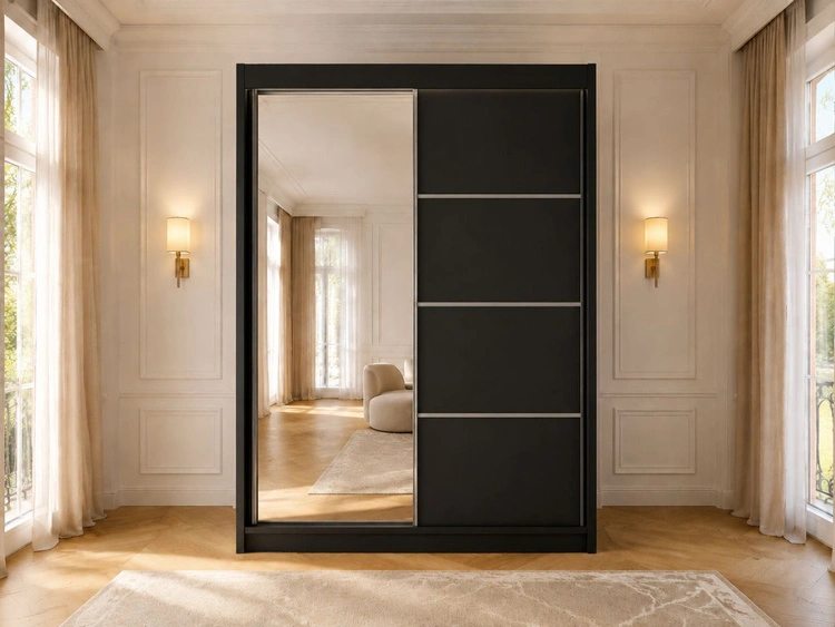 Schiebetürenschrank mit Spiegel 150 cm mit LED-Beleuchtung Portel Schwarz