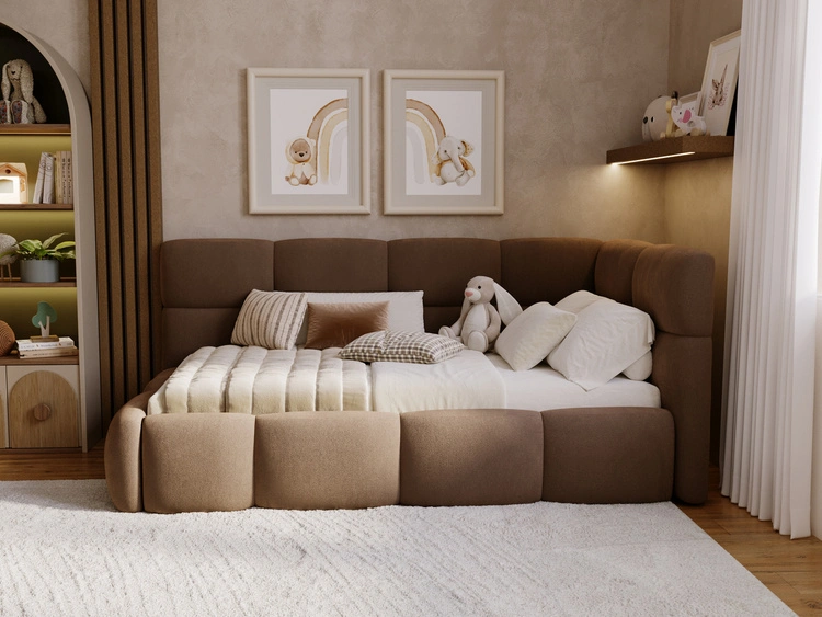 Gepolstertes Jugend-Einzelbett mit Bettkasten und Holzrost 90x200 Modo One Links Braun