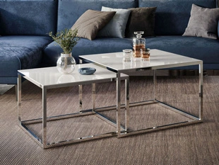 Couchtisch auf verchromtem Gestell mit Glasplatte Asumi Weiß 39x45