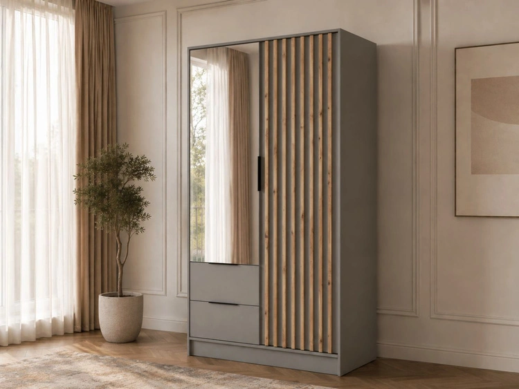 Kleiderschrank mit Spiegel 105 cm Macron Grau, Artisan Eiche